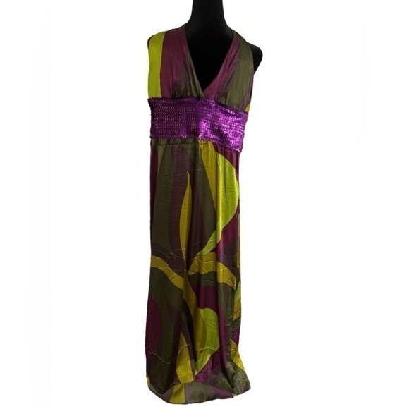 C- Throu Silk Metallic  Halter Neck  Sleeveless Maxi Dress Gown - Picture 1 of 6